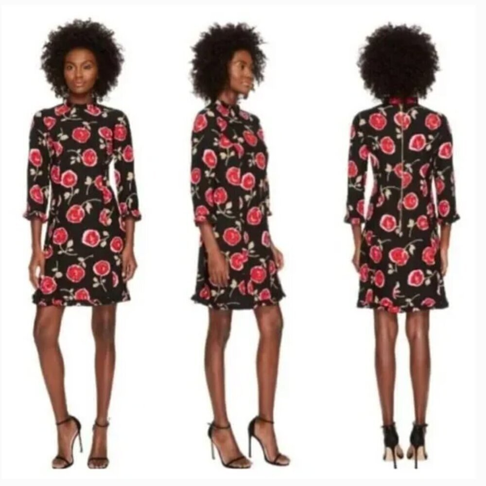 Kate Spade Dress Hazy Rose Floral Midi Mock Ruffle Neck A-Line Red Black Size 8